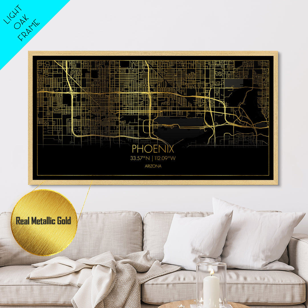 Phoenix Arizona City Poster, Metallic Gold Art, Metal Art, real wood frames, black and gold, Street Map Wall Art, Minimalist Wall Art