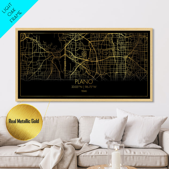 Plano Texas City Poster, Metallic Gold Art, Metal Art, real wood frames, black and gold, Street Map Wall Art, Gold Street Map Art