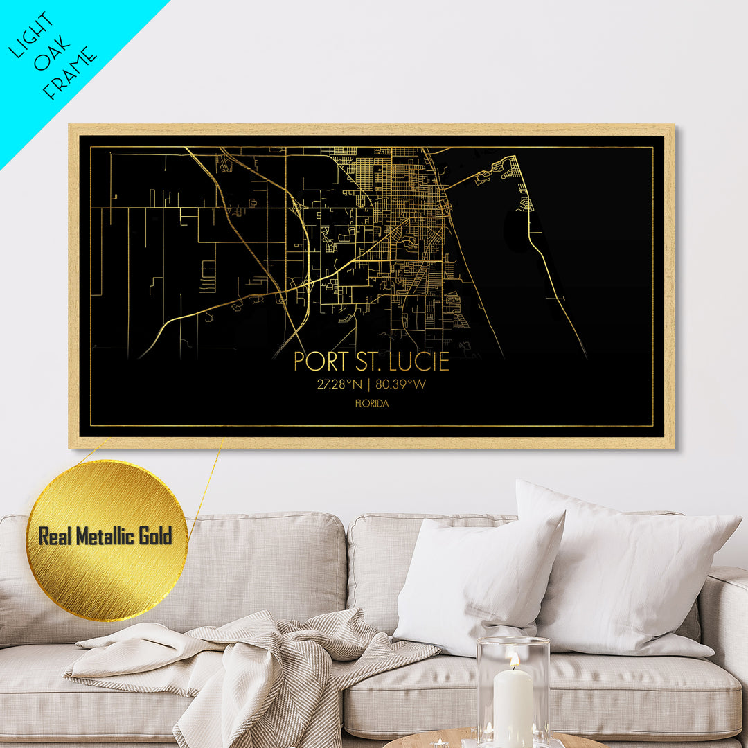 Port St. Lucie Florida City Poster, Metallic Gold Art, Metal Art, real wood frames, black and gold, Street Map Wall Art, Housewarming Gift