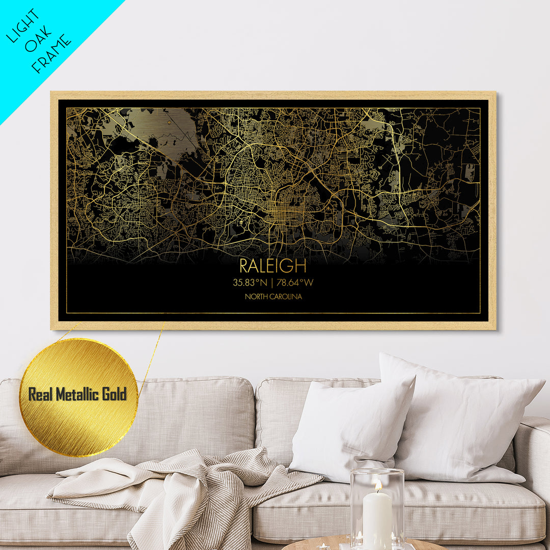 Raleigh North Carolina City street map, Metallic Gold Print, Metal Art, wood framed map, black and gold, Street Map Art, Minimalist Wall Art