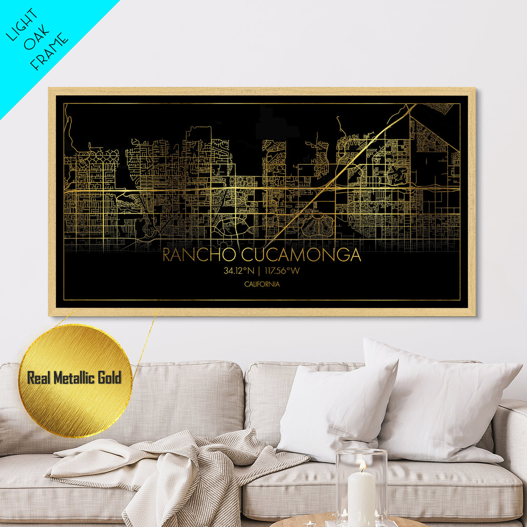 Rancho Cucamonga California City Poster, Metallic Gold Art, Metal Art, real wood frames, black and gold, Street Map Wall Art, College Dorm Décor