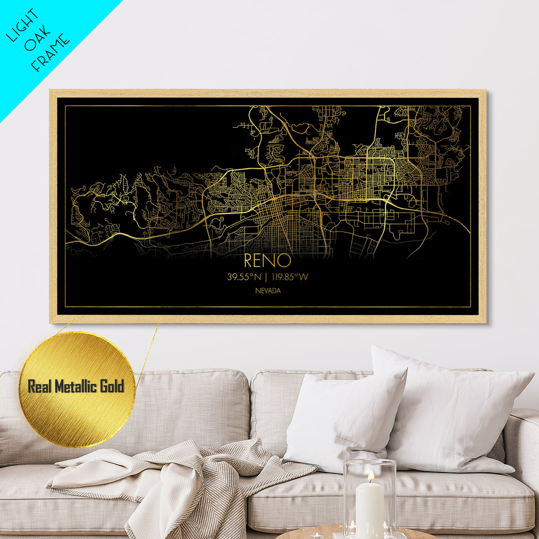 Reno Nevada City street map, Metallic Gold Print, Metal Art, wood framed map, black and gold, Street Map Art, Office Decor