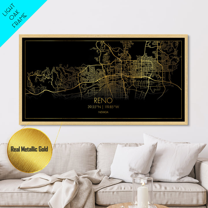 Reno Nevada City street map, Metallic Gold Print, Metal Art, wood framed map, black and gold, Street Map Art, Office Decor