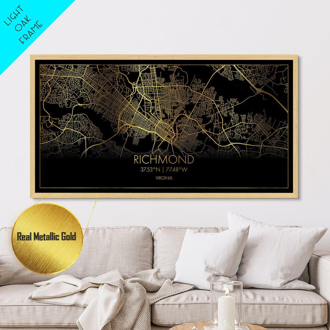 Richmond Virginia City Poster, Metallic Gold Art, Metal Art, real wood frames, black and gold, Street Map Wall Art, Housewarming Gift