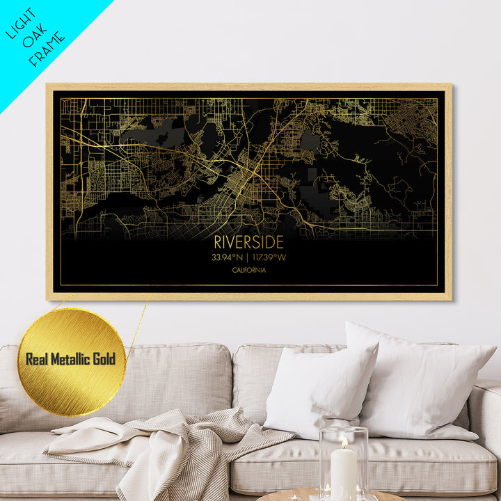 Riverside California City street map, Metallic Gold Print, Metal Art, wood framed map, black and gold, Street Map Art, Real Wood Frames