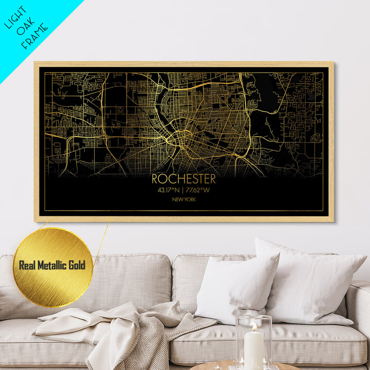Rochester New York City Poster, Metallic Gold Art, Metal Art, real wood frames, black and gold, Street Map Wall Art, Gold Street Map Art