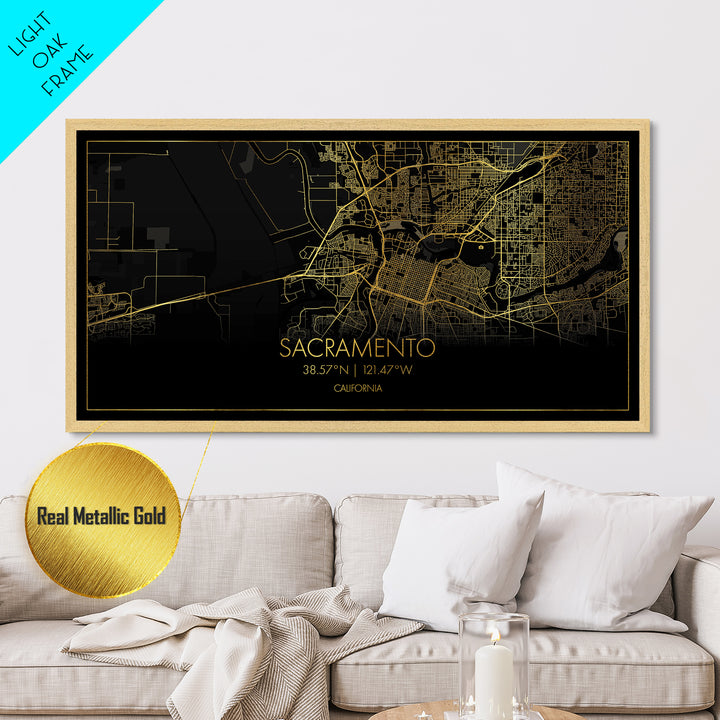 Sacramento California City Poster, Metallic Gold Art, Metal Art, real wood frames, black and gold, Street Map Wall Art, Minimalist Wall Art