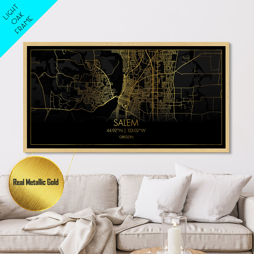 Salem Oregon City Poster, Metallic Gold Art, Metal Art, real wood frames, black and gold, Street Map Wall Art, Gold Street Map Art