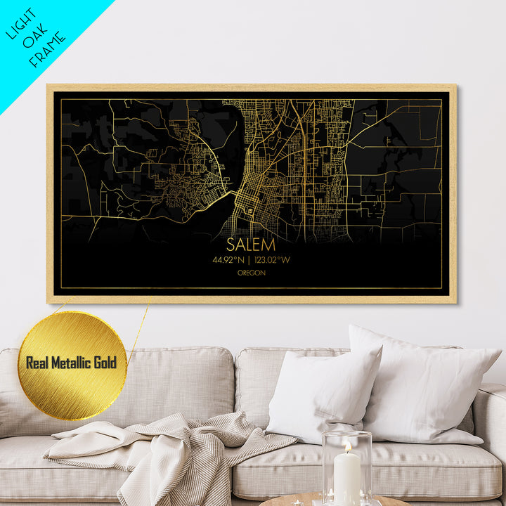 Salem Oregon City Poster, Metallic Gold Art, Metal Art, real wood frames, black and gold, Street Map Wall Art, Gold Street Map Art