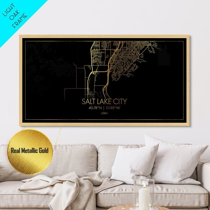 Salt Lake City Utah City street map, Metallic Gold Print, Metal Art, wood framed map, black and gold, Street Map Art, Best Friend Gifts
