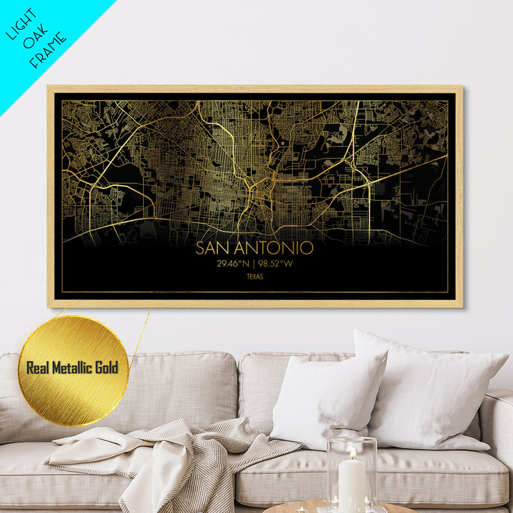 San Antonio Texas City Poster, Metallic Gold Art, Metal Art, real wood frames, black and gold, Street Map Wall Art, College Dorm Décor