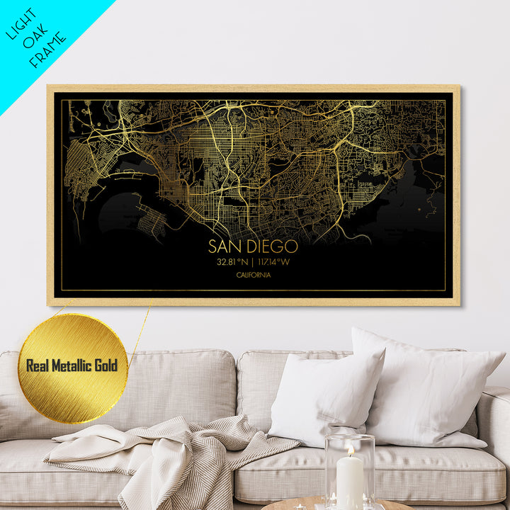 San Diego California City Poster, Metallic Gold Art, Metal Art, real wood frames, black and gold, Street Map Wall Art, Minimalist Wall Art