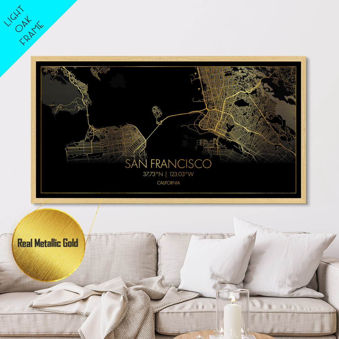 San Francisco California City street map, Metallic Gold Print, Metal Art, wood framed map, black and gold, Street Map Art, Gold Street Map Art