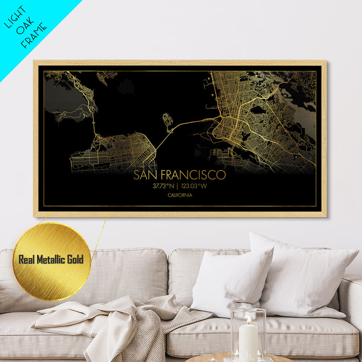 San Francisco California City street map, Metallic Gold Print, Metal Art, wood framed map, black and gold, Street Map Art, Gold Street Map Art