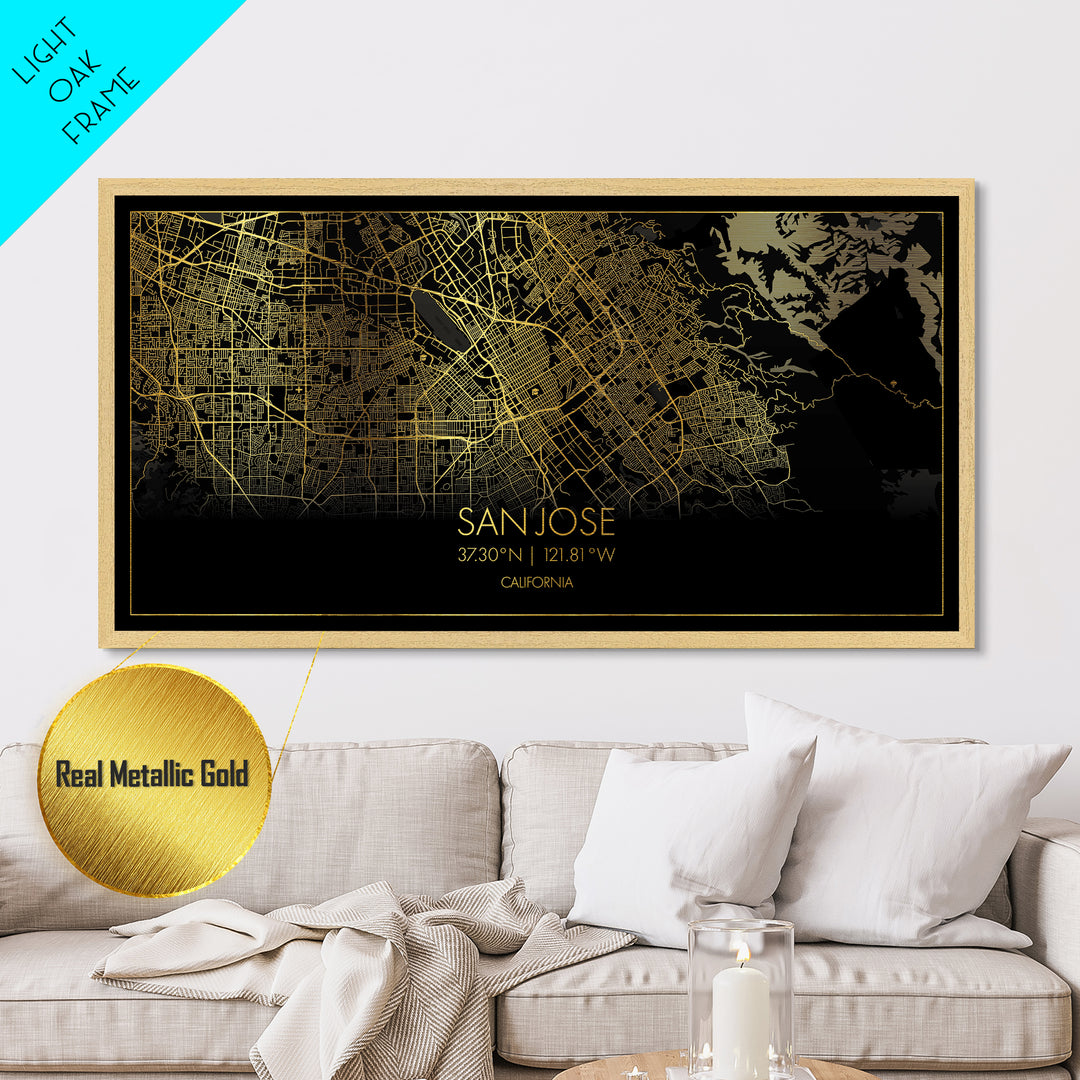 San Jose California City Poster, Metallic Gold Art, Metal Art, real wood frames, black and gold, Street Map Wall Art, Housewarming Gift