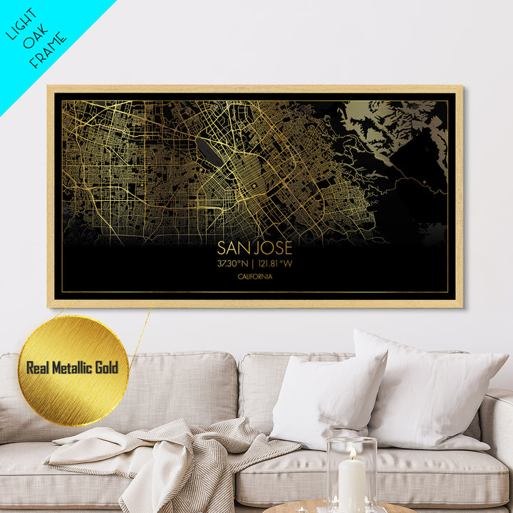 San Jose California City Poster, Metallic Gold Art, Metal Art, real wood frames, black and gold, Street Map Wall Art, Housewarming Gift