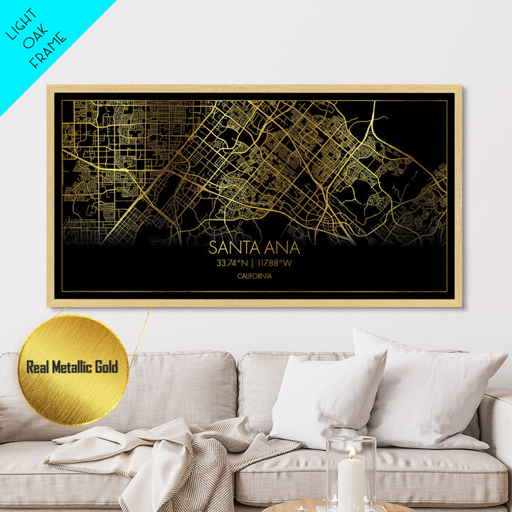 Santa Ana California City street map, Metallic Gold Print, Metal Art, wood framed map, black and gold, Street Map Art, Modern Wall Art