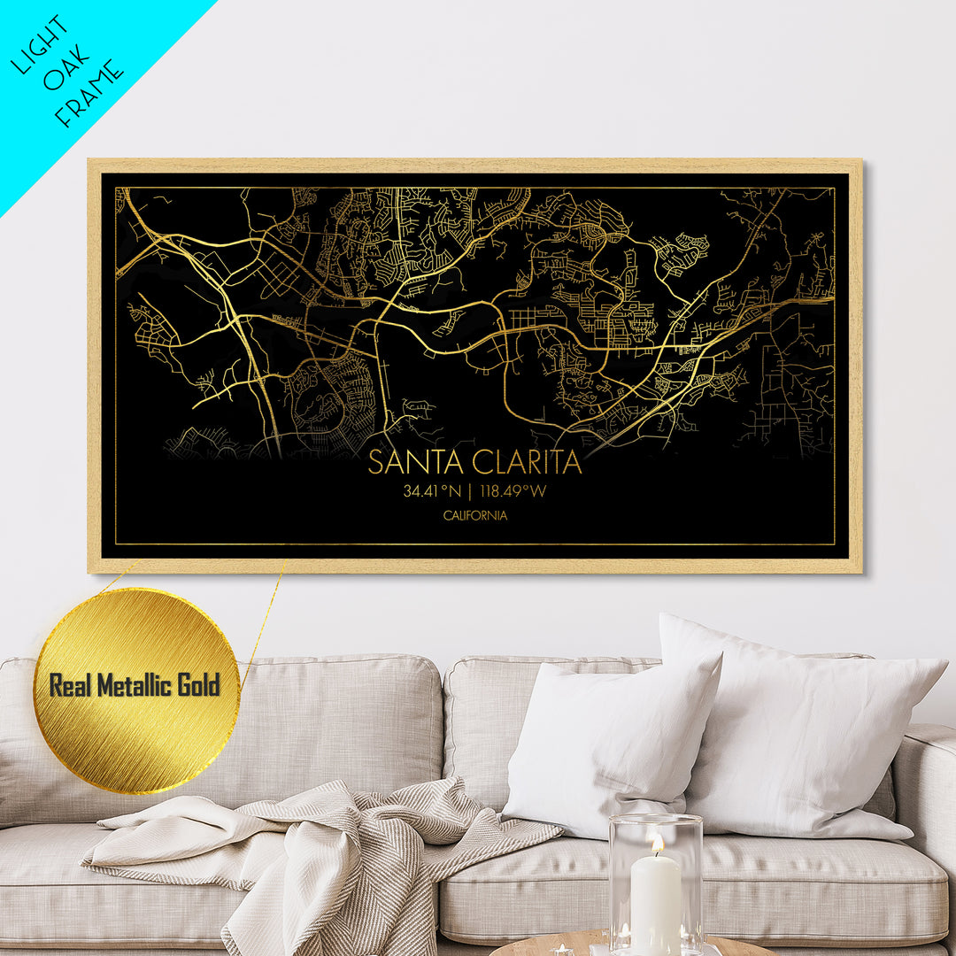 Santa Clarita California City Poster, Metallic Gold Art, Metal Art, real wood frames, black and gold, Street Map Wall Art, Real Wood Frames