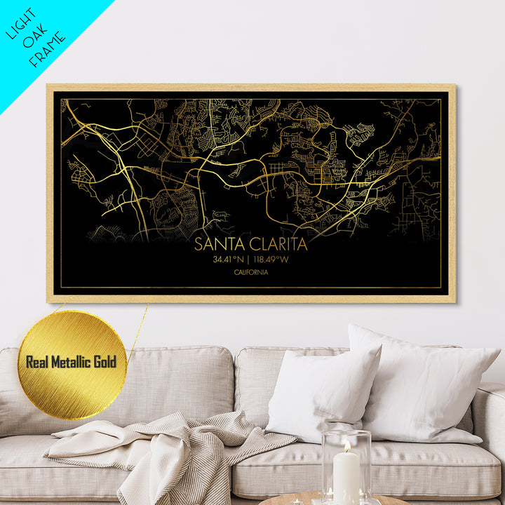 Santa Clarita California City Poster, Metallic Gold Art, Metal Art, real wood frames, black and gold, Street Map Wall Art, Real Wood Frames