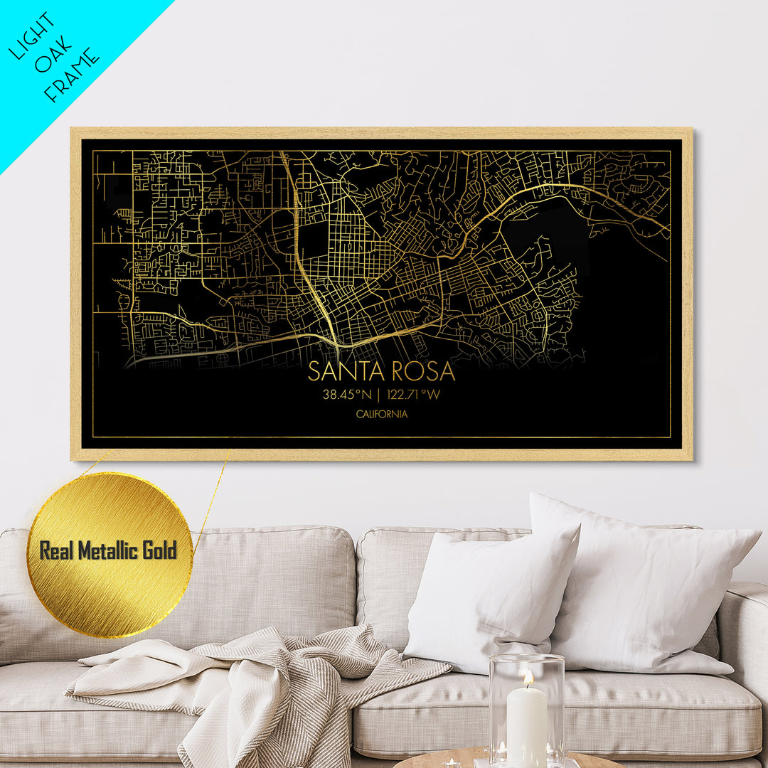Santa Rosa California City street map, Metallic Gold Print, Metal Art, wood framed map, black and gold, Street Map Art, Minimalist Wall Art