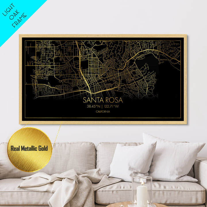 Santa Rosa California City street map, Metallic Gold Print, Metal Art, wood framed map, black and gold, Street Map Art, Minimalist Wall Art