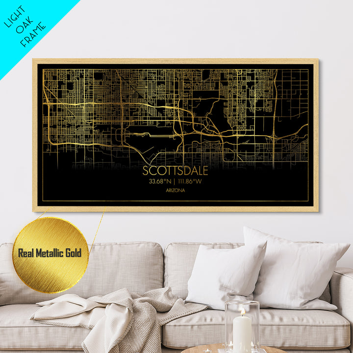 Scottsdale Arizona City Poster, Metallic Gold Art, Metal Art, real wood frames, black and gold, Street Map Wall Art, Map Art