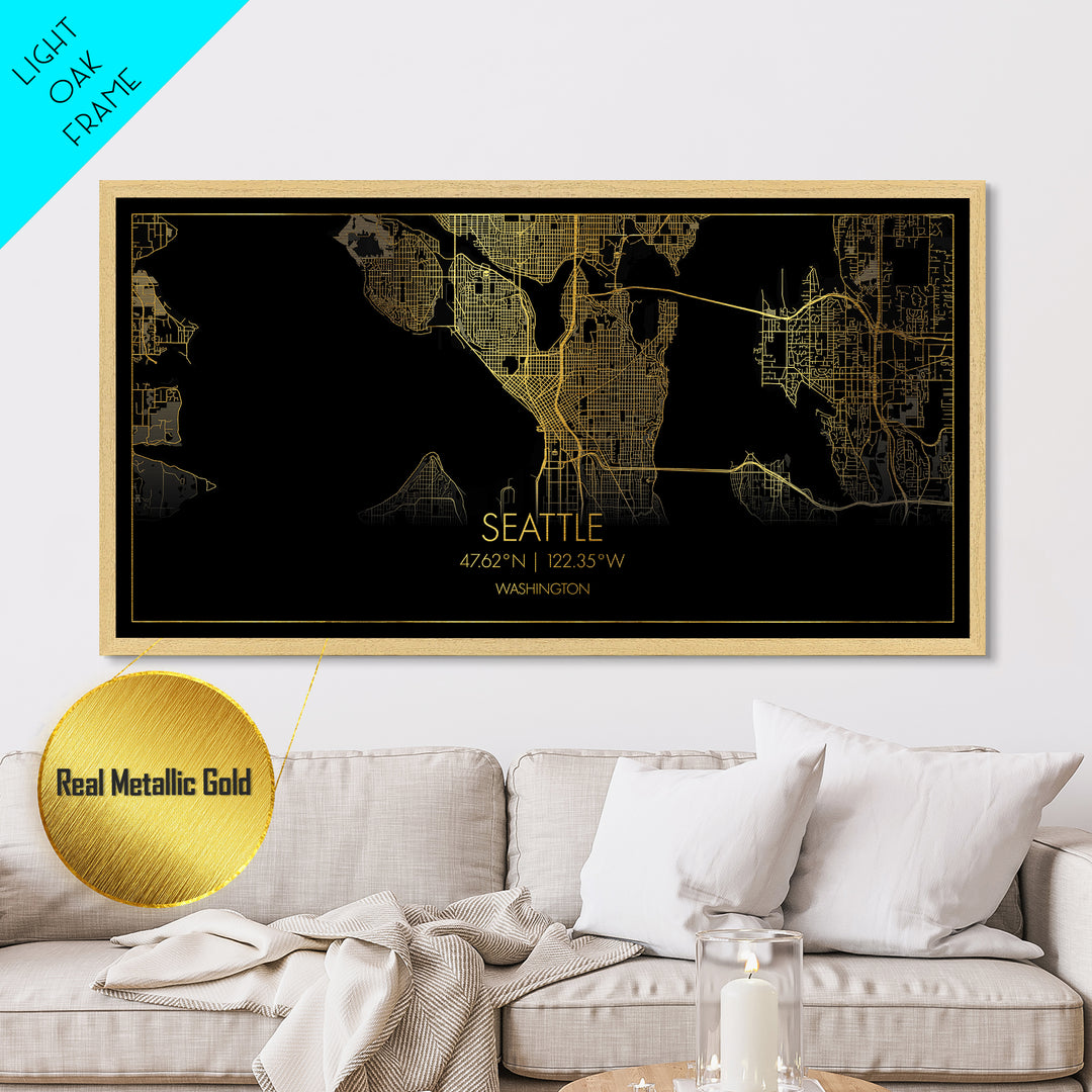 Seattle Washington City street map, Metallic Gold Print, Metal Art, wood framed map, black and gold, Street Map Art, Gold Street Map Art