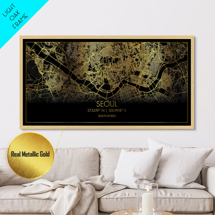 Seoul South Korea City Poster, Metallic Gold Art, Metal Art, real wood frames, black and gold, Street Map Wall Art, Office Decor