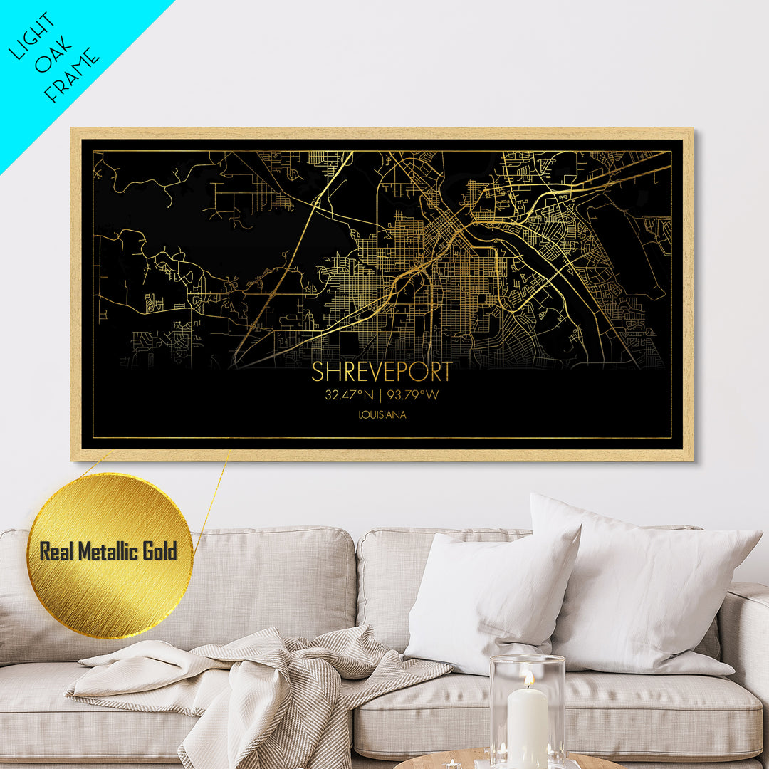 Shreveport Louisiana City street map, Metallic Gold Print, Metal Art, wood framed map, black and gold, Street Map Art, Real Wood Frames
