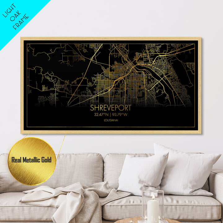 Shreveport Louisiana City street map, Metallic Gold Print, Metal Art, wood framed map, black and gold, Street Map Art, Real Wood Frames