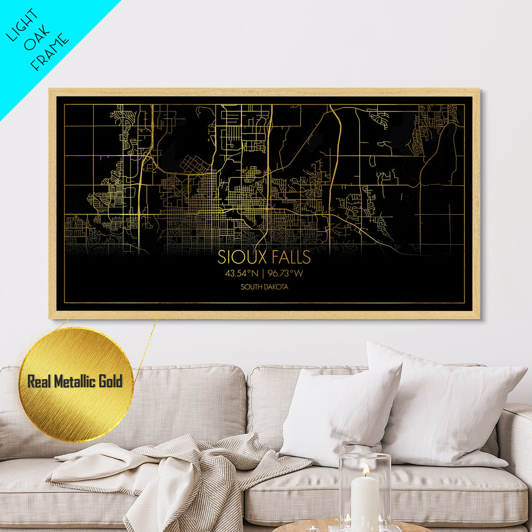 Sioux Falls South Dakota City street map, Metallic Gold Print, Metal Art, wood framed map, black and gold, Street Map Art, Best Friend Gifts