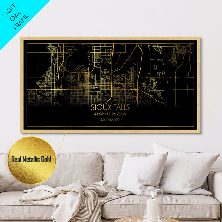 Sioux Falls South Dakota City street map, Metallic Gold Print, Metal Art, wood framed map, black and gold, Street Map Art, Best Friend Gifts