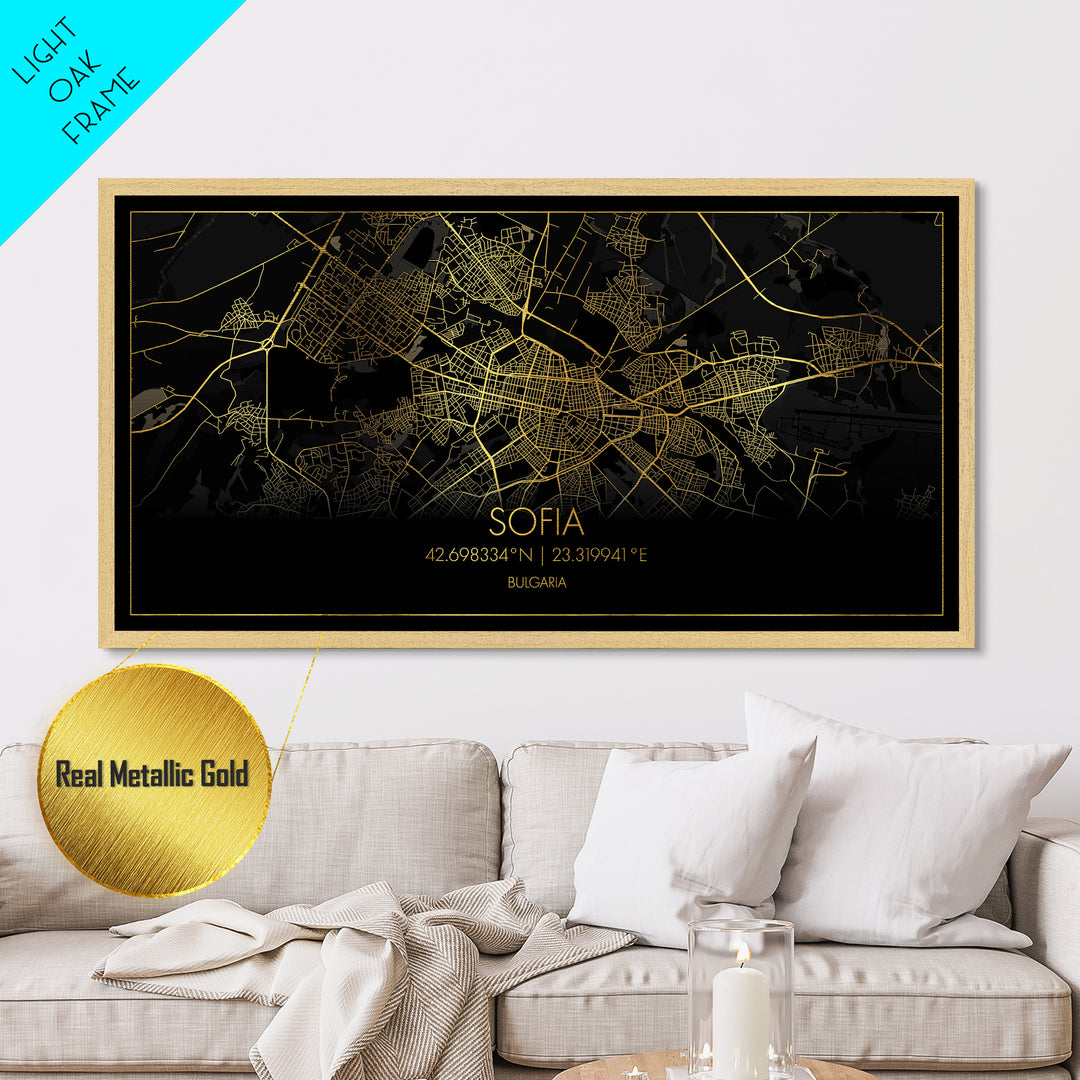Sofia Bulgaria City Poster, Metallic Gold Art, Metal Art, real wood frames, black and gold, Street Map Wall Art, Modern Wall Art
