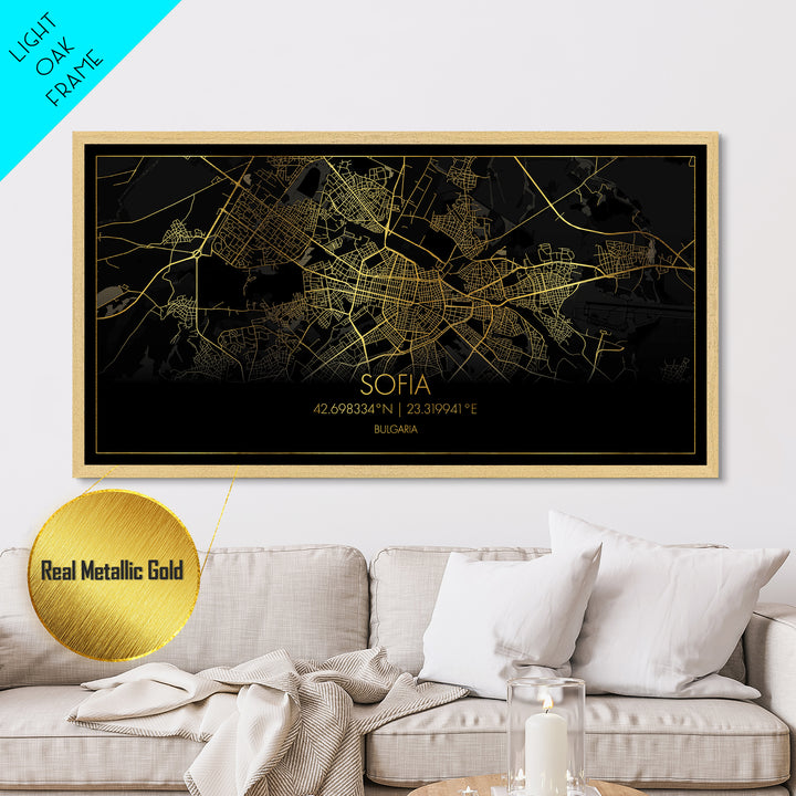 Sofia Bulgaria City Poster, Metallic Gold Art, Metal Art, real wood frames, black and gold, Street Map Wall Art, Modern Wall Art