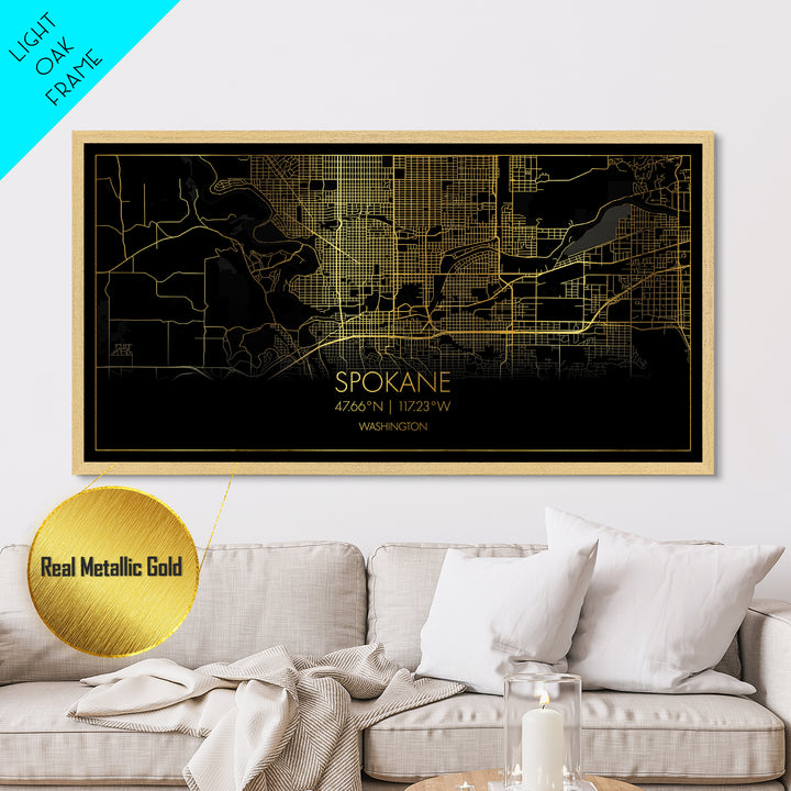 Spokane Washington City street map, Metallic Gold Print, Metal Art, wood framed map, black and gold, Street Map Art, Modern Wall Art