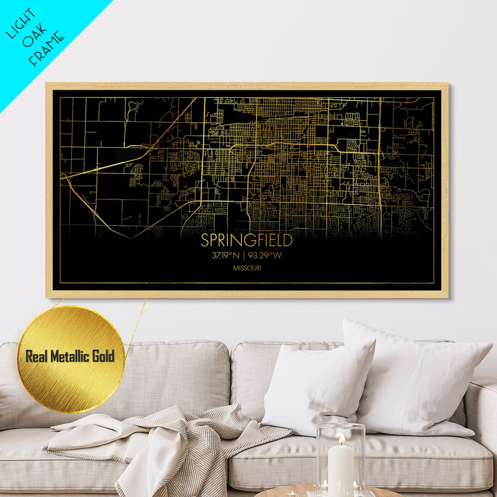 Springfield Missouri City Poster, Metallic Gold Art, Metal Art, real wood frames, black and gold, Street Map Wall Art, Minimalist Wall Art