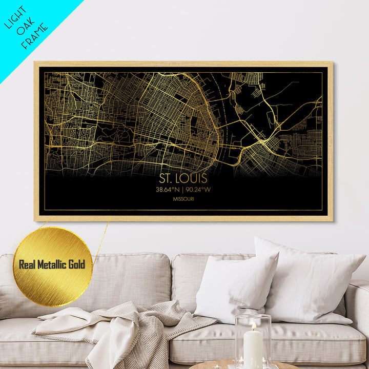 St. Louis Missouri City street map, Metallic Gold Print, Metal Art, wood framed map, black and gold, Street Map Art, Gold Street Map Art