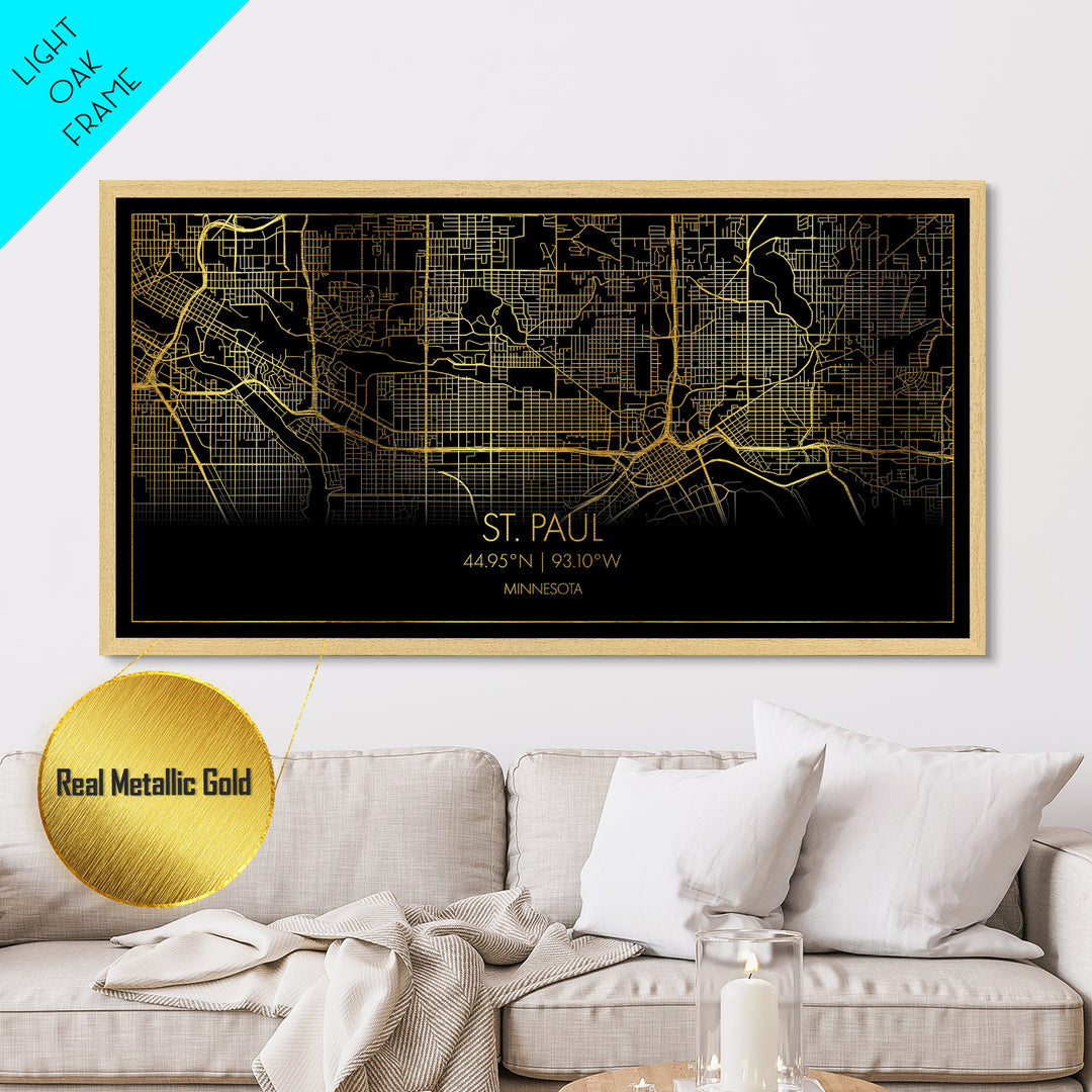 St. Paul Minnesota City Poster, Metallic Gold Art, Metal Art, real wood frames, black and gold, Street Map Wall Art, Map Art