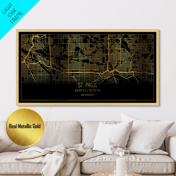 St. Paul Minnesota City Poster, Metallic Gold Art, Metal Art, real wood frames, black and gold, Street Map Wall Art, Map Art