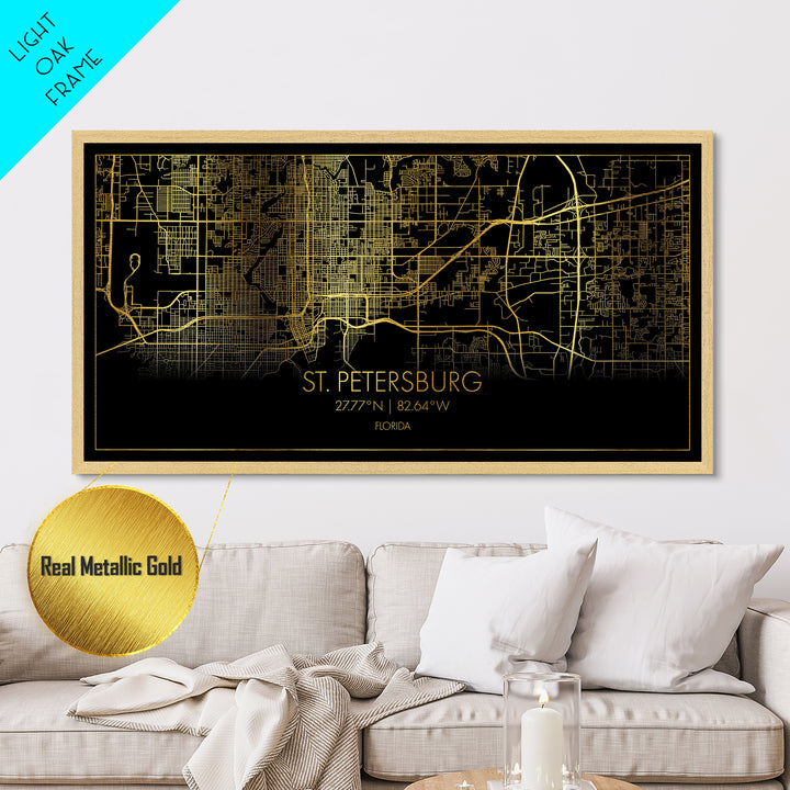 St. Petersburg Florida City street map, Metallic Gold Print, Metal Art, wood framed map, black and gold, Street Map Art, Real Wood Frames