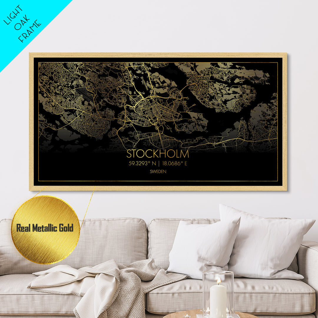 Stockholm Sweden City Poster, Metallic Gold Art, Metal Art, real wood frames, black and gold, Street Map Wall Art, Housewarming Gift