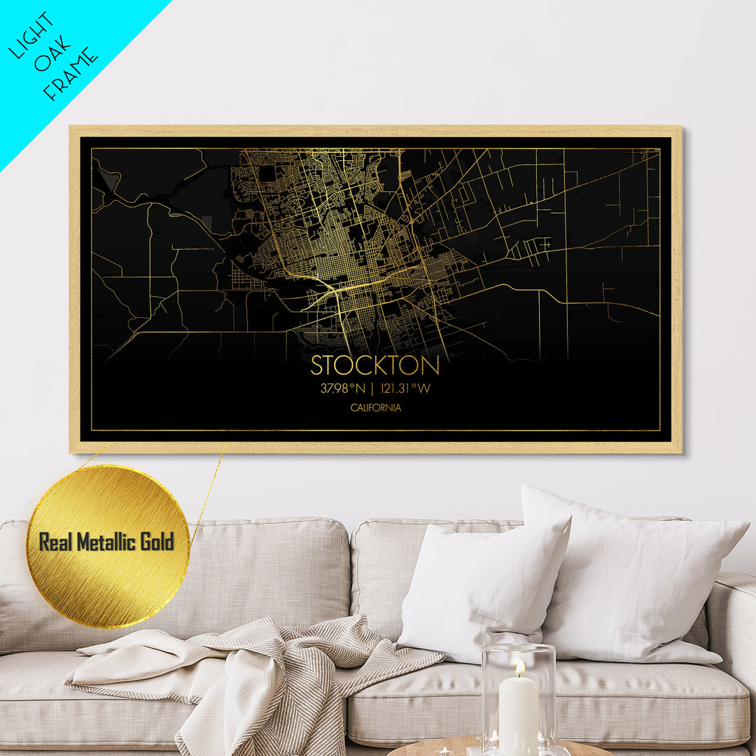 Stockton California City street map, Metallic Gold Print, Metal Art, wood framed map, black and gold, Street Map Art, Modern Wall Art