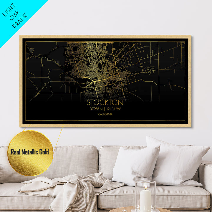 Stockton California City street map, Metallic Gold Print, Metal Art, wood framed map, black and gold, Street Map Art, Modern Wall Art