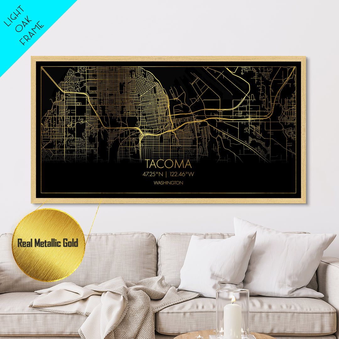 Tacoma Washington City Poster, Metallic Gold Art, Metal Art, real wood frames, black and gold, Street Map Wall Art, College Dorm Décor