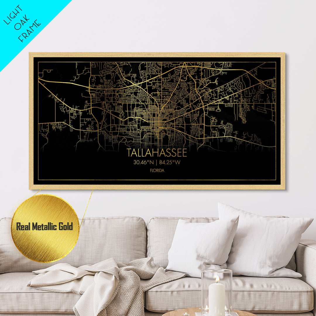 Tallahassee Florida City street map, Metallic Gold Print, Metal Art, wood framed map, black and gold, Street Map Art, Office Decor