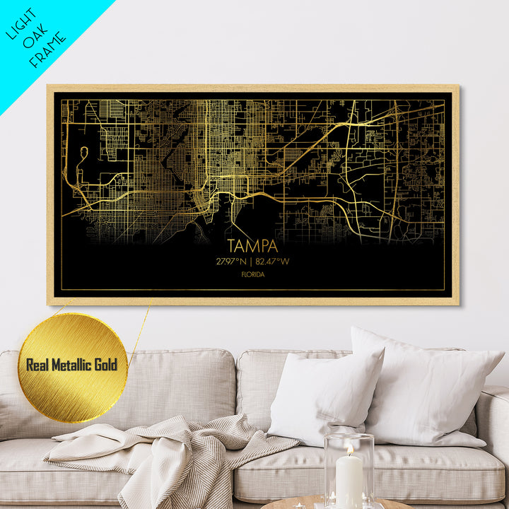 Tampa Florida City Poster, Metallic Gold Art, Metal Art, real wood frames, black and gold, Street Map Wall Art, Real Wood Frames