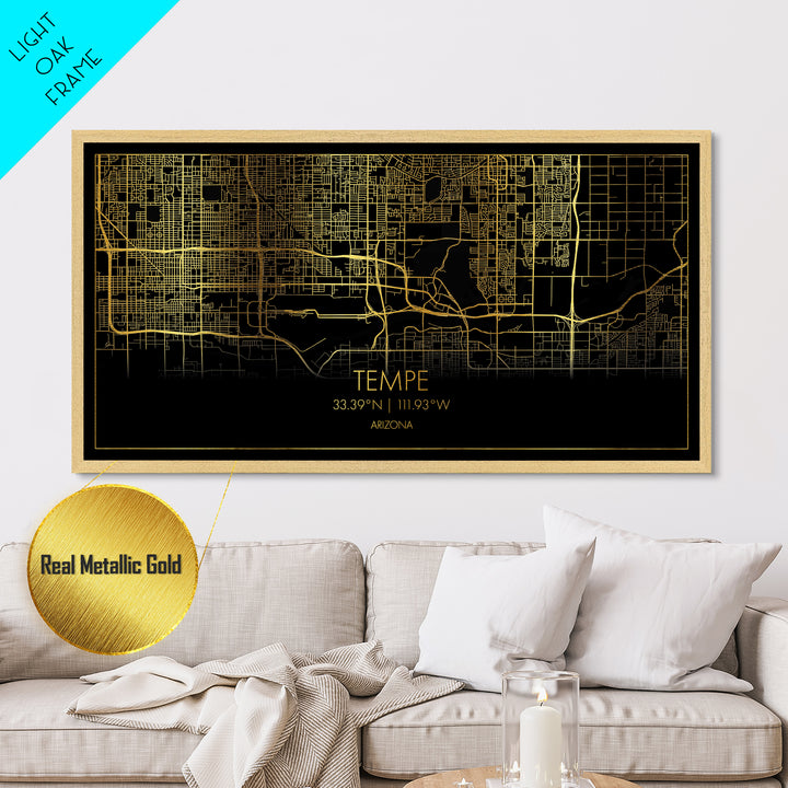 Tempe Arizona City street map, Metallic Gold Print, Metal Art, wood framed map, black and gold, Street Map Art, Modern Wall Art