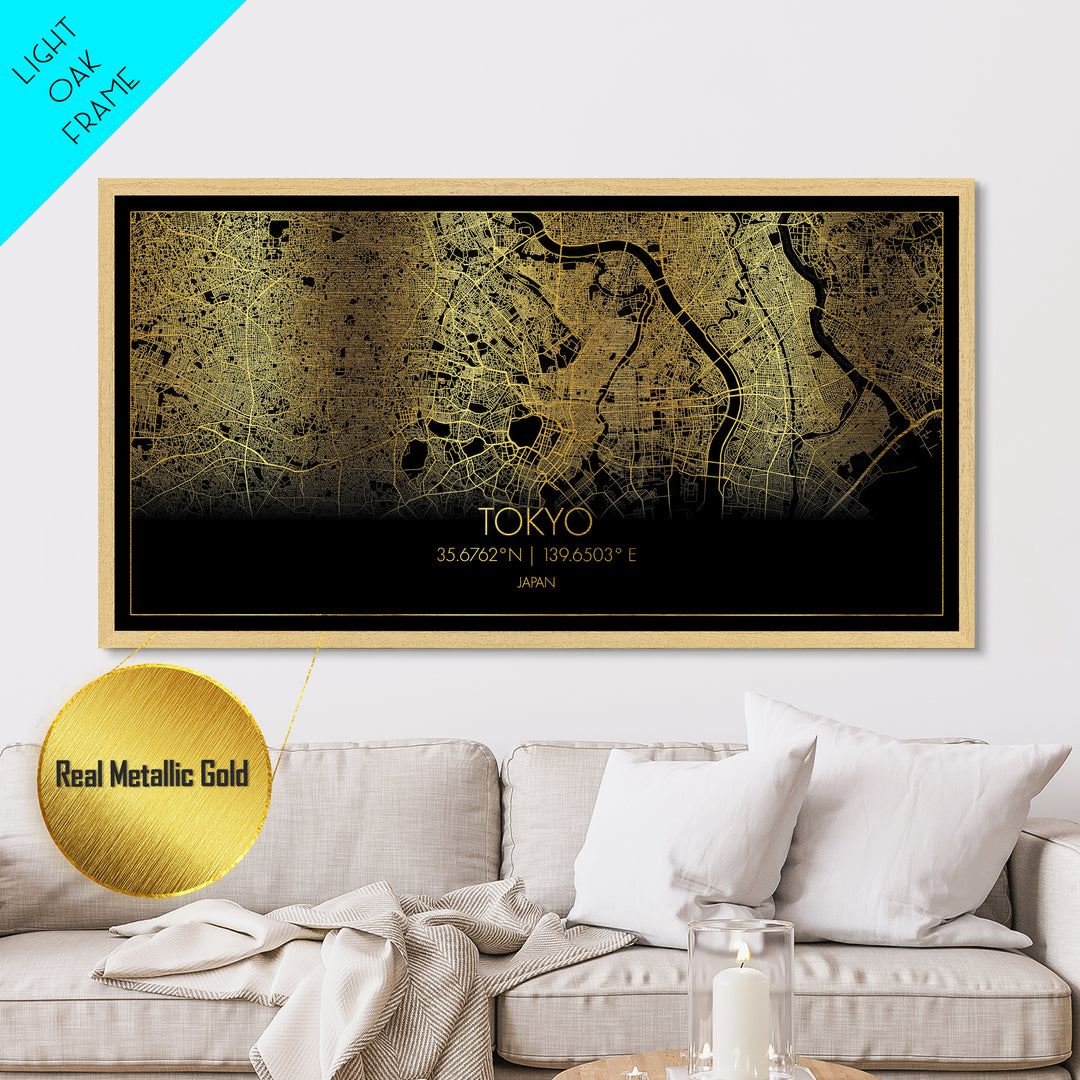 Tokyo Japan City Poster, Metallic Gold Art, Metal Art, real wood frames, black and gold, Street Map Wall Art, Minimalist Wall Art