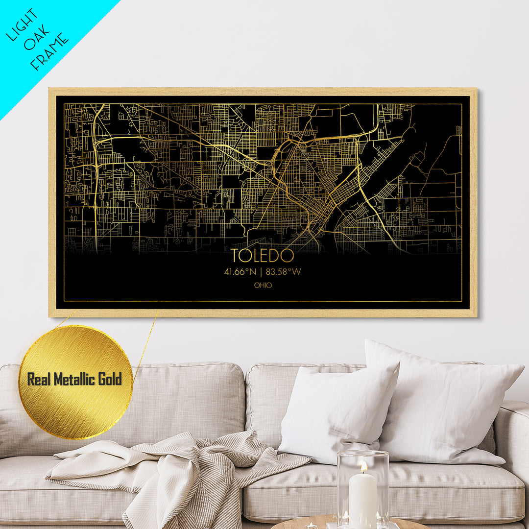 Toledo Ohio City street map, Metallic Gold Print, Metal Art, wood framed map, black and gold, Street Map Art, Gold Street Map Art