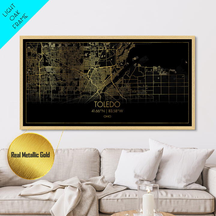 Toledo Ohio City Poster, Metallic Gold Art, Metal Art, real wood frames, black and gold, Street Map Wall Art, Real Wood Frames